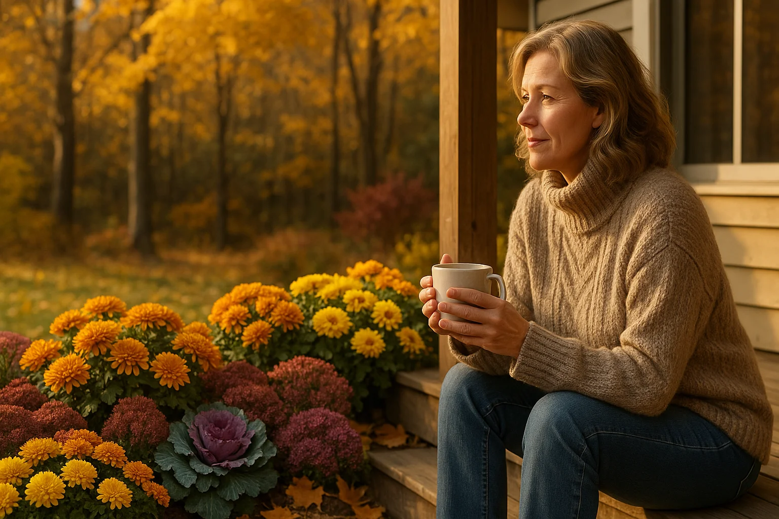 A middle-aged woman smiles as she gently inspects blooming asters in her autumn garden, surrounded by low-maintenance flowers.