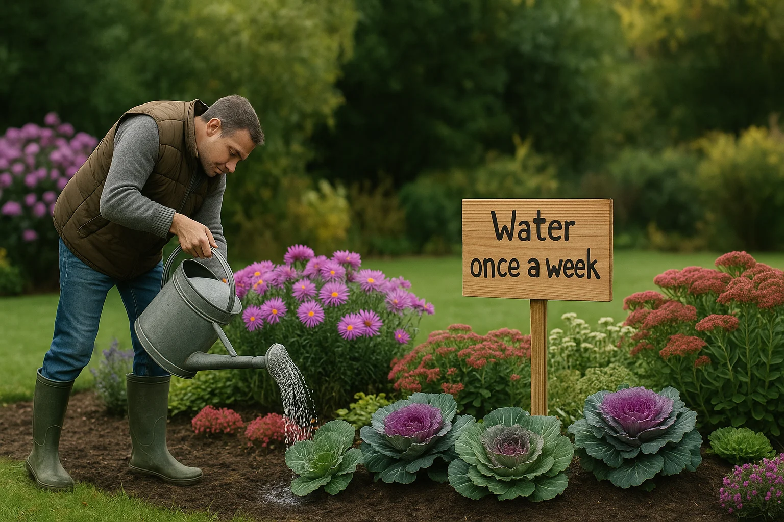 A man in a warm vest and rubber boots slowly waters a bright fall bed of sedum, asters, and ornamental cabbage, next to a sign reading “Water once a week.”