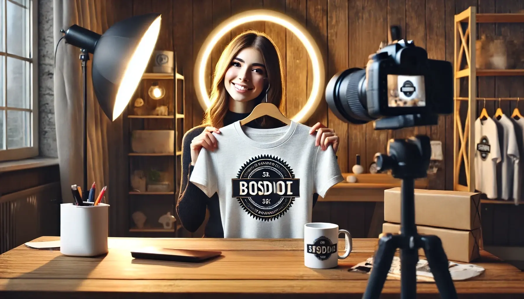 A young female blogger is in a home studio with professional lighting. She is smiling at the camera while selling her goods via TikTok.