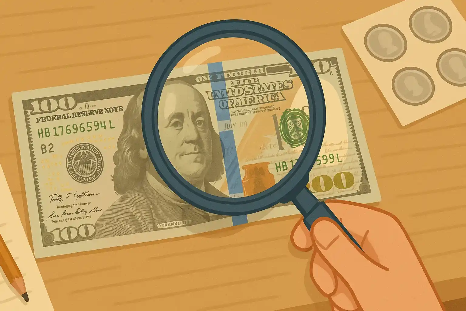 A $100 bill under the magnifying glass.