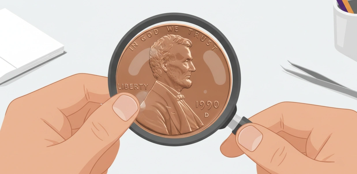 A collector examining a 1990 Lincoln penny under magnification, focusing on date and mint mark area