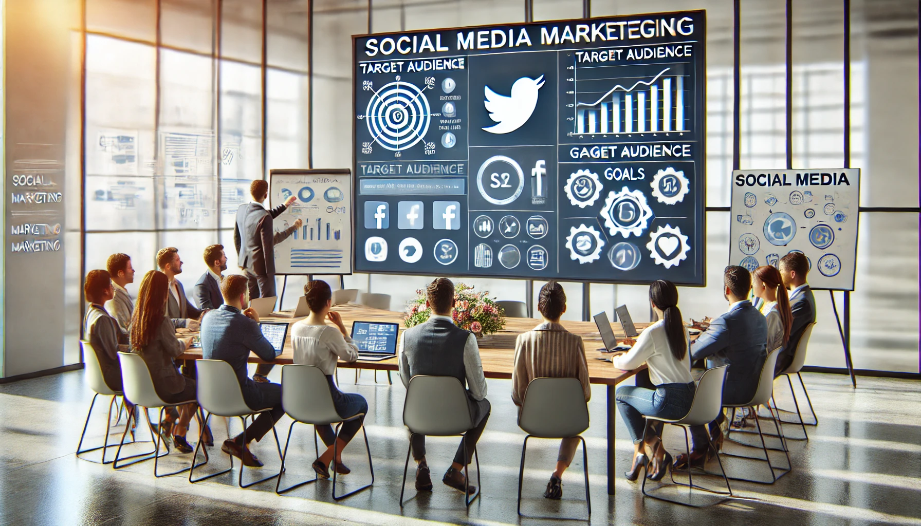 A collaborative office environment with people discussing social media marketing strategies