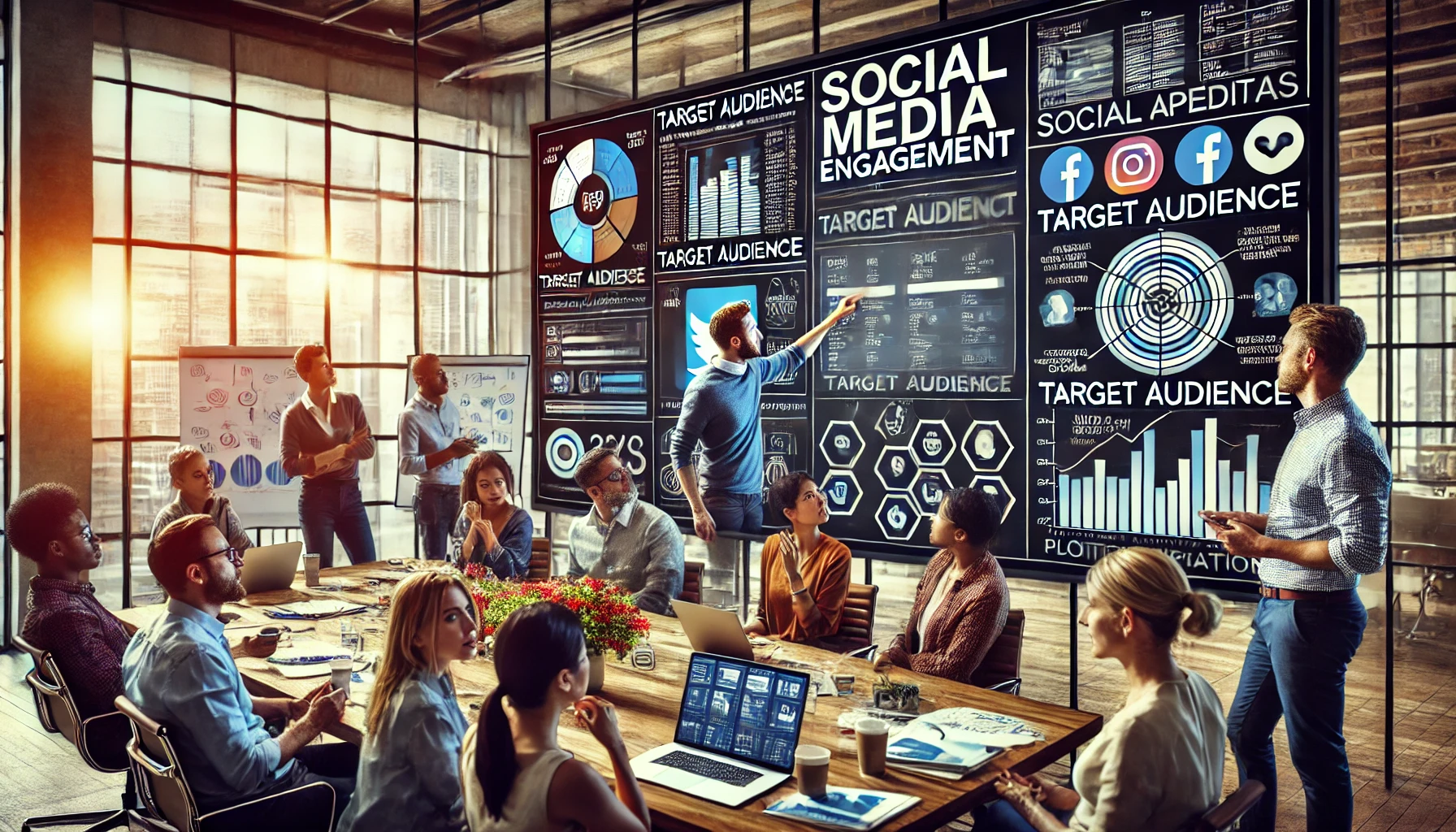A group of diverse people collaborating in an office setting, discussing social media engagement strategies